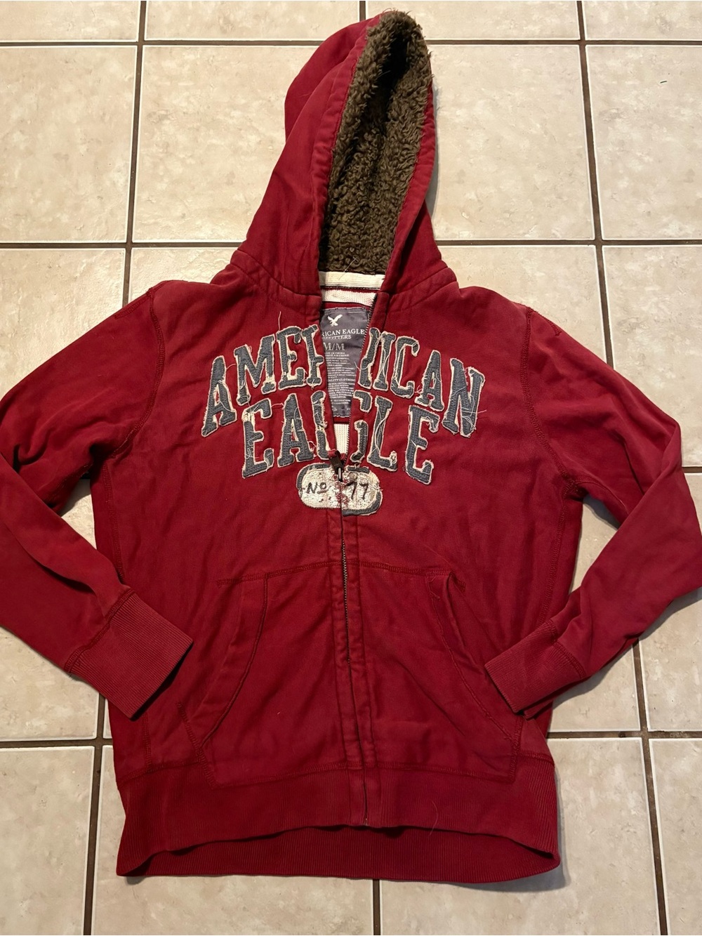 American Eagle Vintage Rare Y2k hoodie distressed letter & fur lined hood MEDIUM